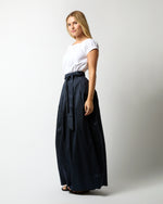 Load image into Gallery viewer, Pleated Wrap Skirt in Navy Silk Shantung
