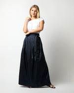 Load image into Gallery viewer, Pleated Wrap Skirt in Navy Silk Shantung
