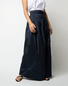 Pleated Wrap Skirt in Navy Silk Shantung