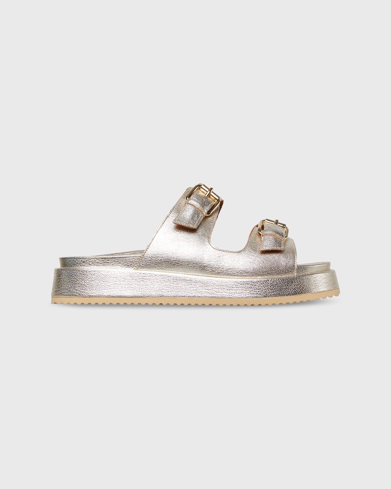 Double-Buckle Platform Slide in Light Platino Leather