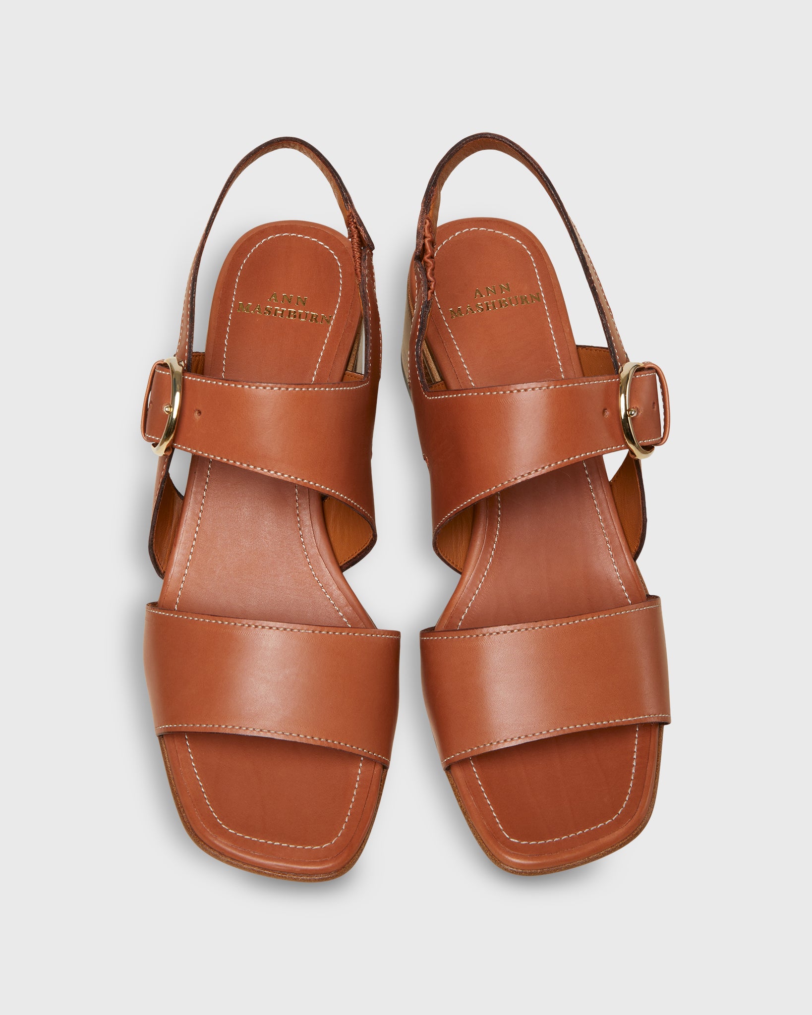 Double-Strap Buckle Block Heel in English Tan Leather