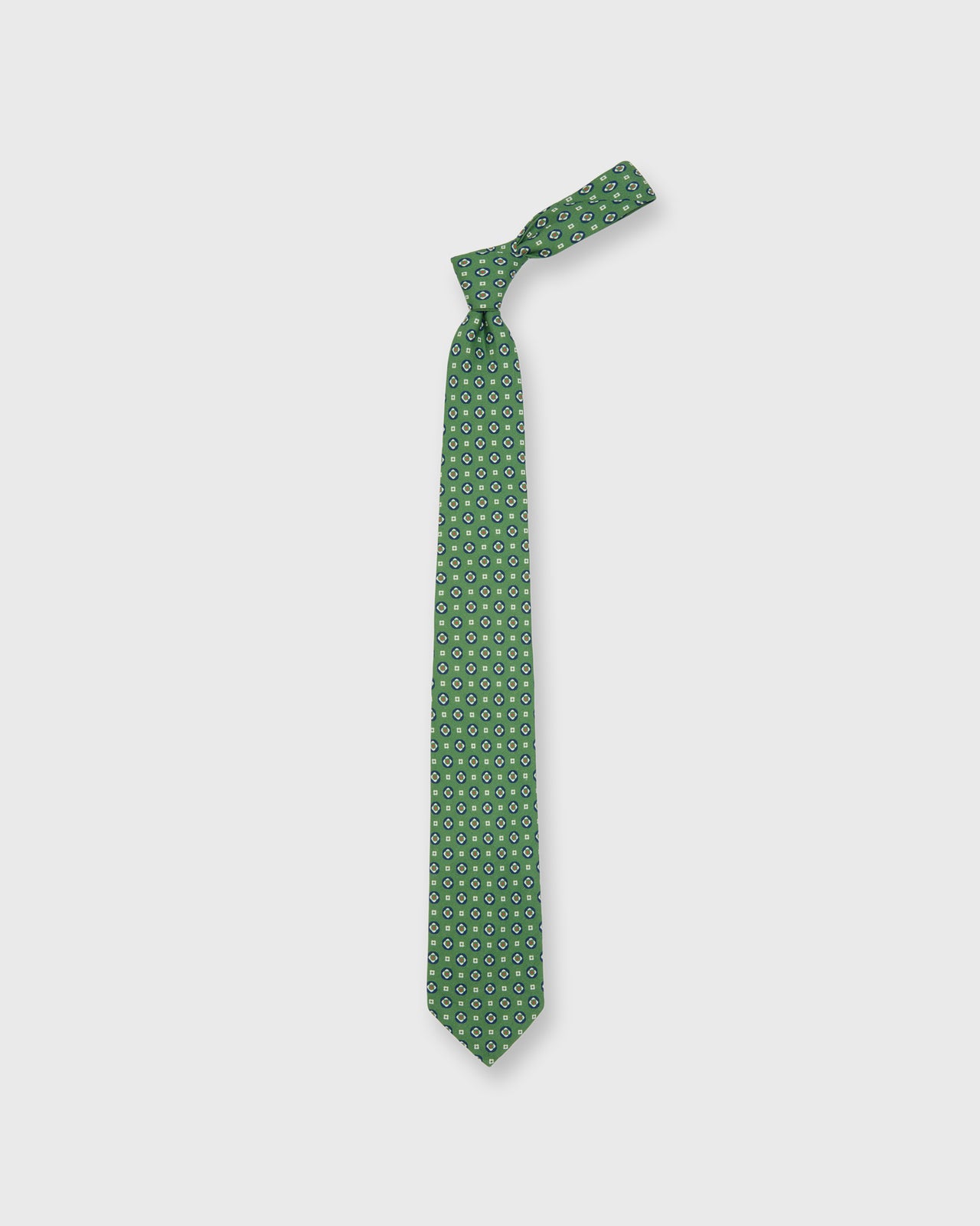 Linen/Silk Print Tie in Avocado/Navy Medallion