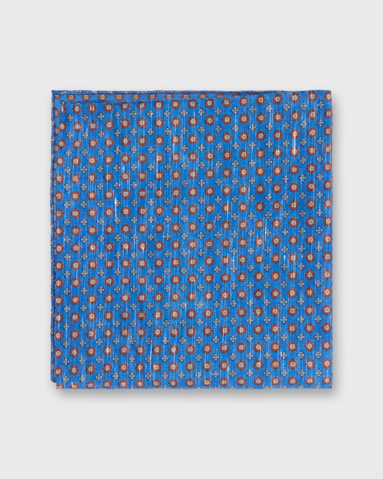 Hand-Rolled Linen/Cotton Print Pocket Square in Dusty Blue/Apricot/Bone Flower