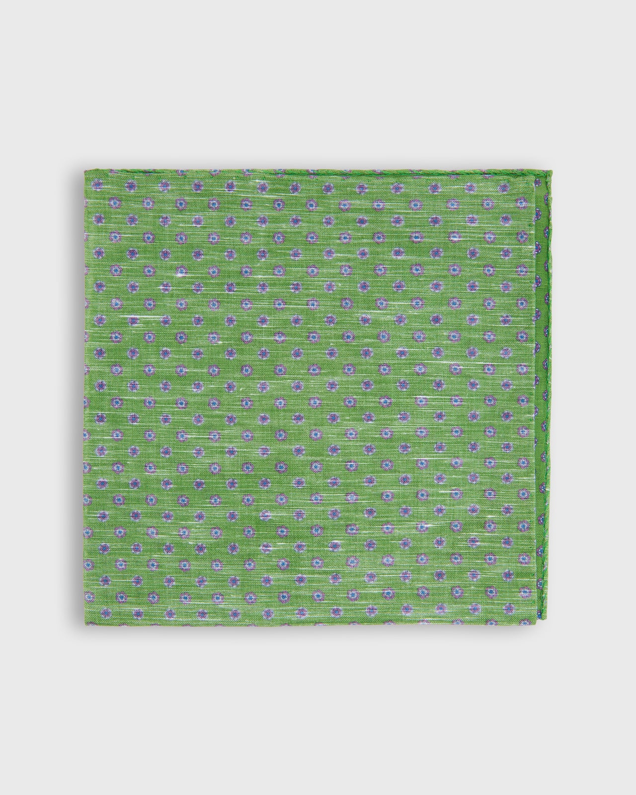 Hand-Rolled Linen/Cotton Print Pocket Square in Clover/Pale Pink Flower