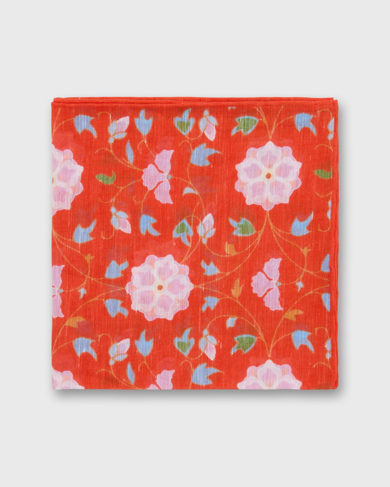 Hand-Rolled Linen/Cotton Print Pocket Square in Tomato/Pale Pink/Navy Floral