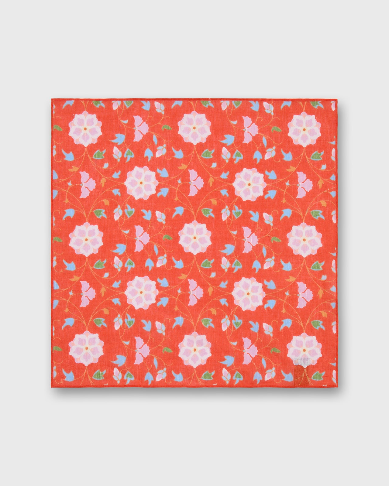 Hand-Rolled Linen/Cotton Print Pocket Square in Tomato/Pale Pink/Navy Floral