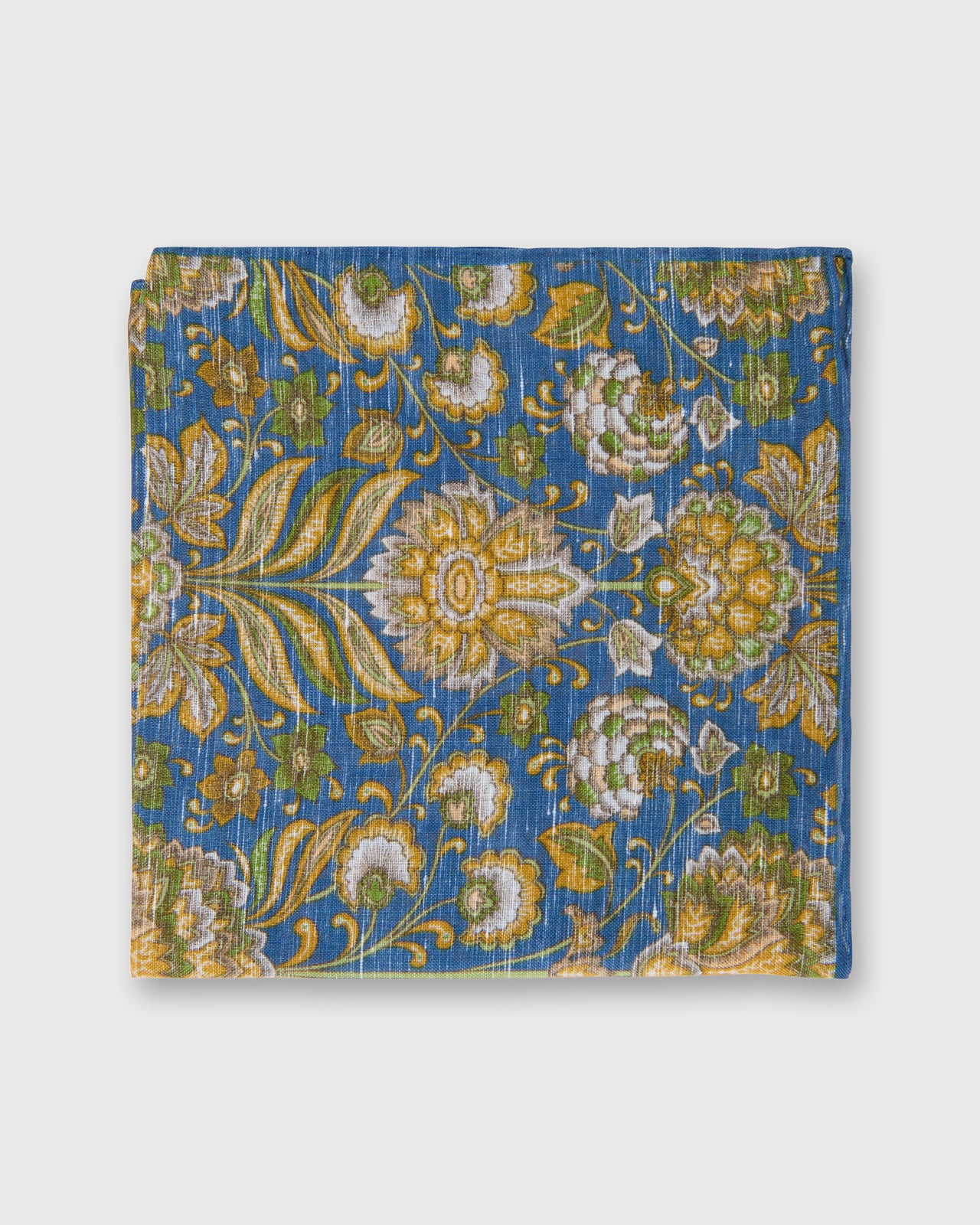 Hand-Rolled Linen/Cotton Print Pocket Square in Blue/Green/Yellow Floral
