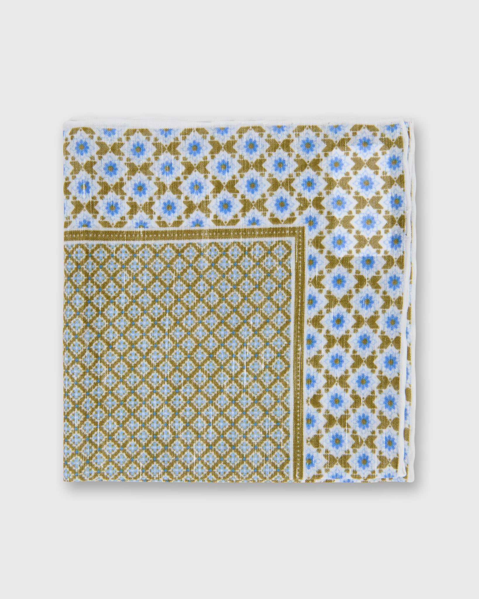 Linen/Cotton Print Pocket Square in Clover/Bone/Blue Mosaic