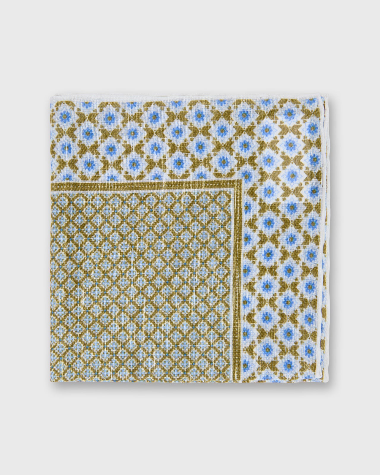 Hand-Rolled Linen/Cotton Print Pocket Square in Clover/Bone/Blue Mosaic