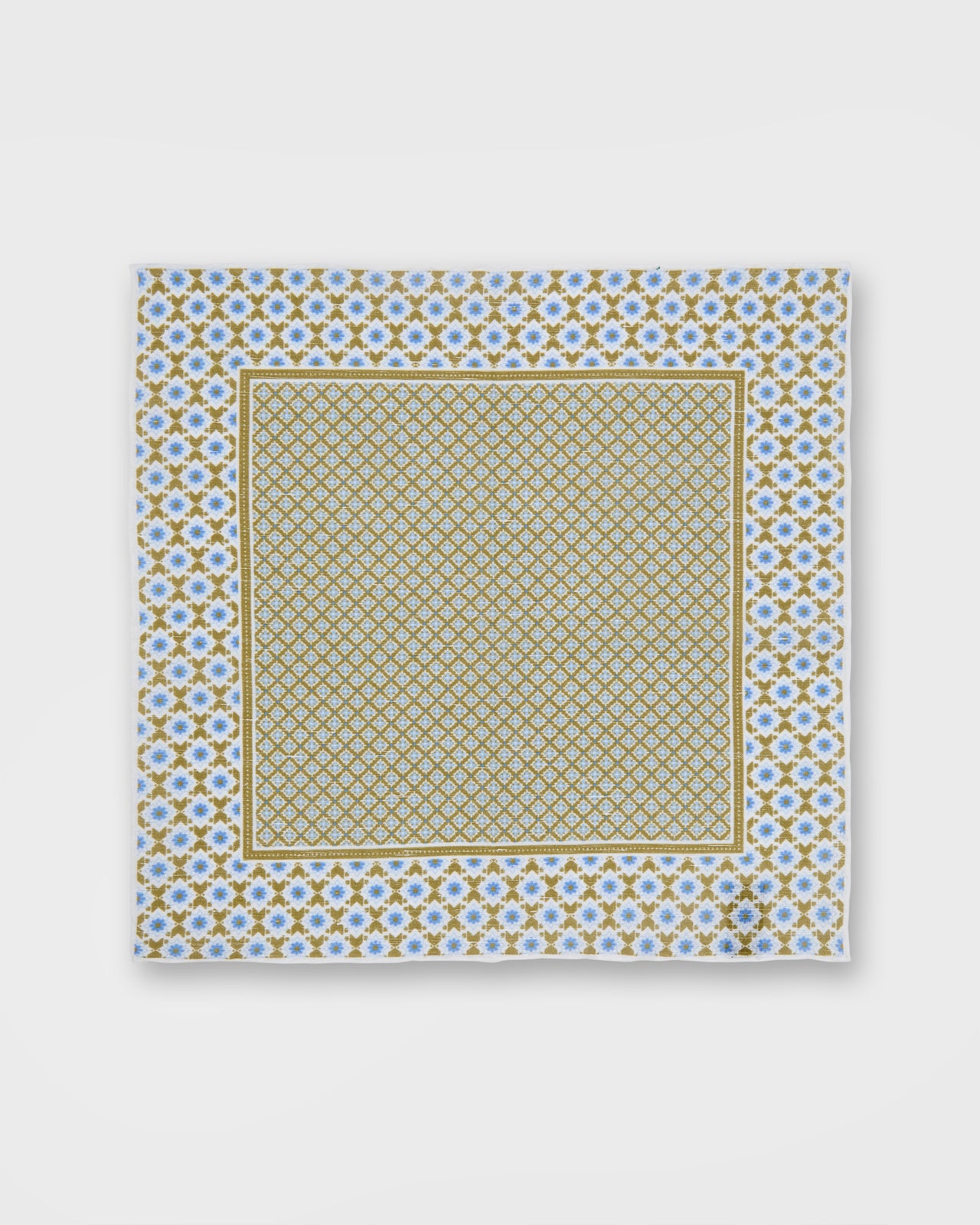 Hand-Rolled Linen/Cotton Print Pocket Square in Clover/Bone/Blue Mosaic