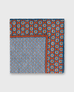 Linen/Cotton Print Pocket Square in Tomato/Blue/Bone Mosaic