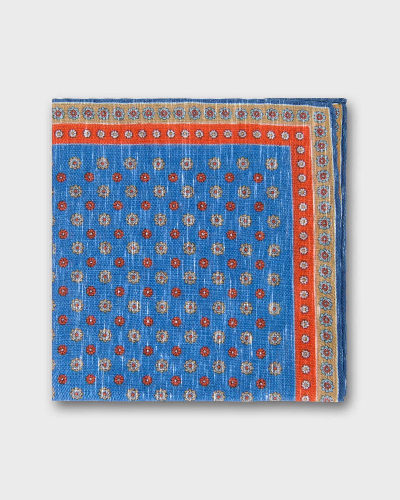 Hand-Rolled Linen/Cotton Print Pocket Square in Blue/Tomato/Taupe Flower