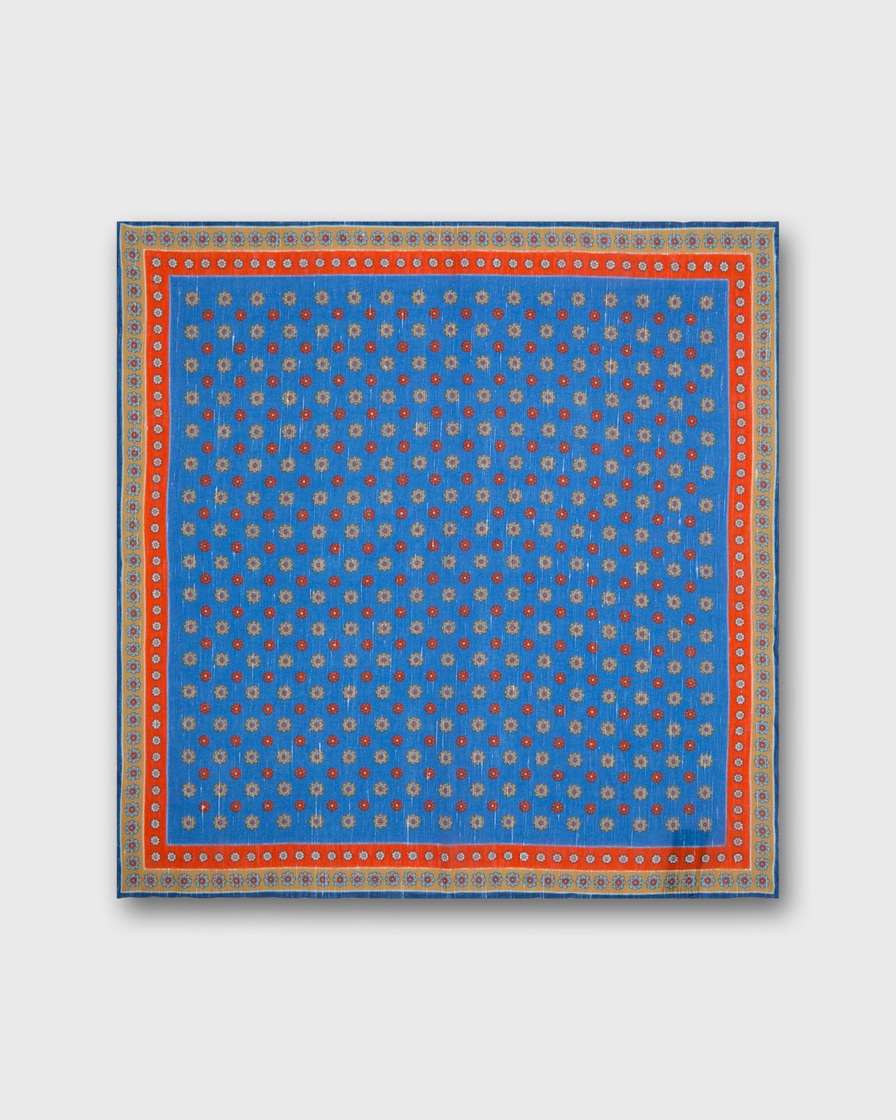Hand-Rolled Linen/Cotton Print Pocket Square in Blue/Tomato/Taupe Flower