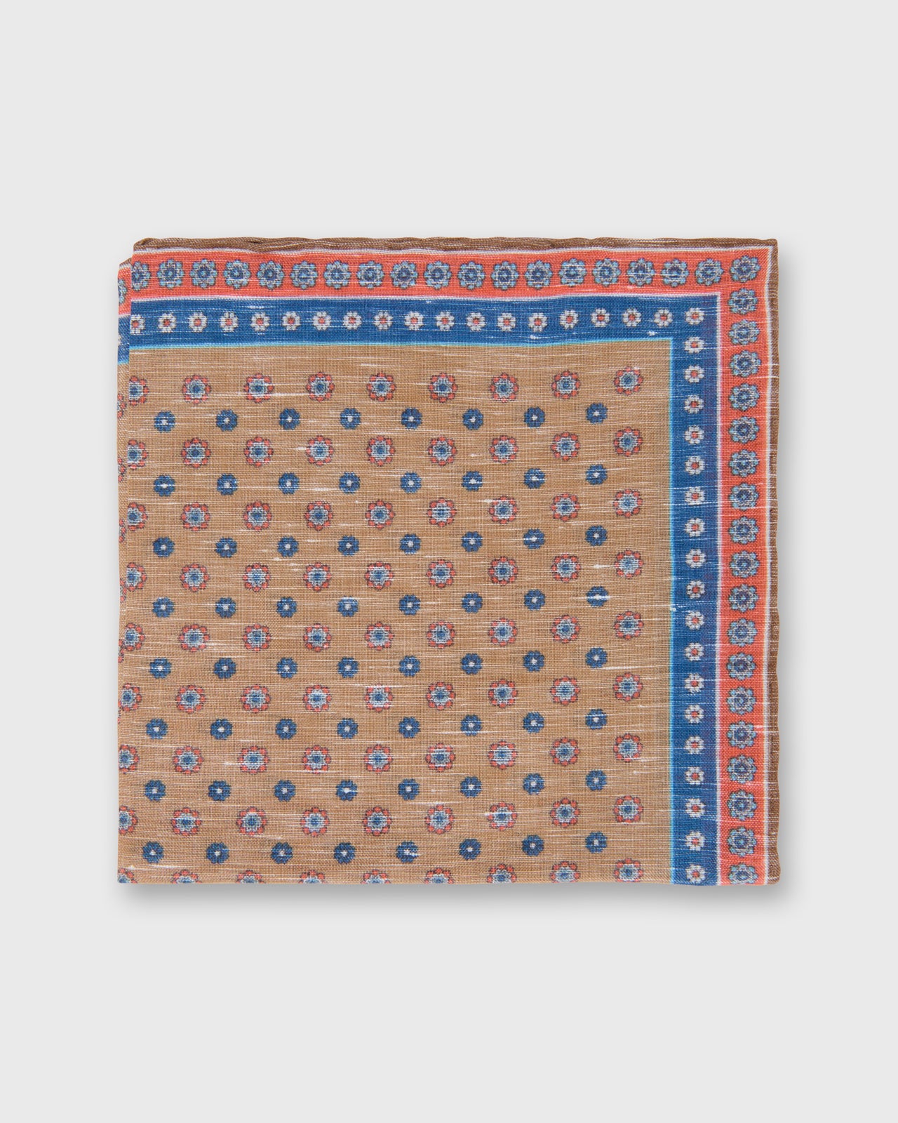 Hand-Rolled Linen/Cotton Print Pocket Square in Taupe/Blue/Apricot Flower