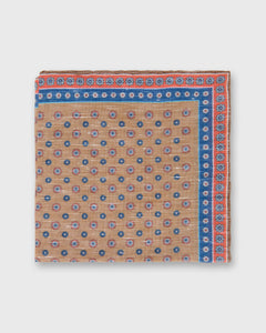 Linen/Cotton Print Pocket Square in Taupe/Blue/Apricot Flower