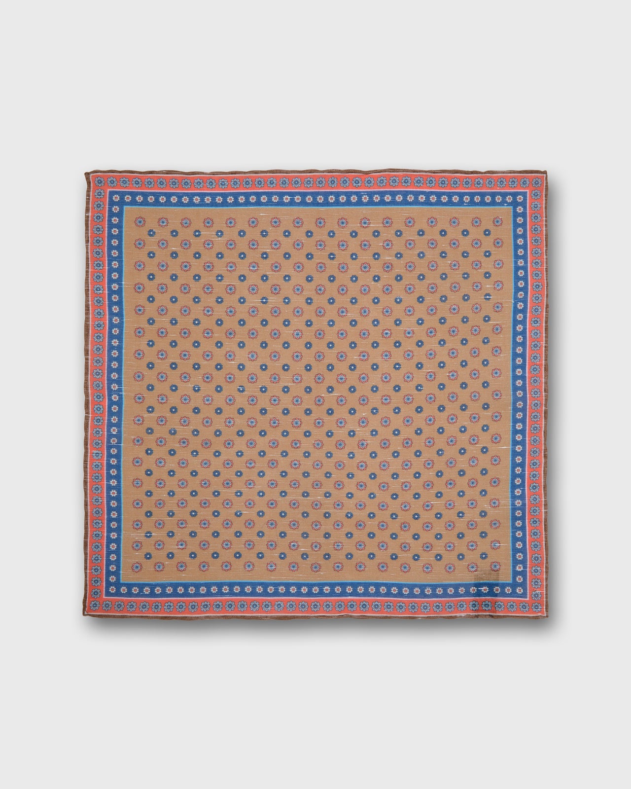 Hand-Rolled Linen/Cotton Print Pocket Square in Taupe/Blue/Apricot Flower