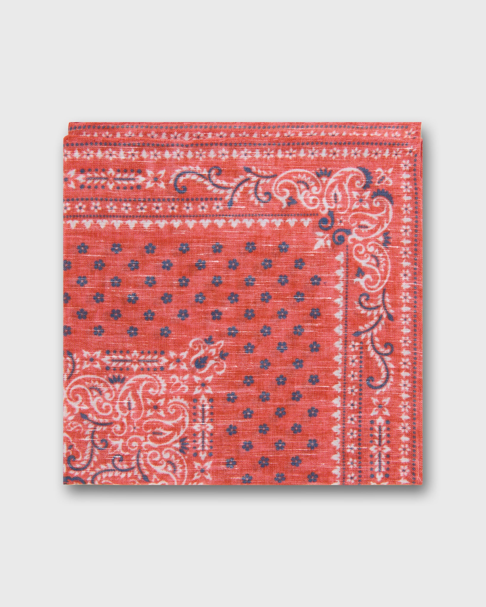 Linen/Cotton Print Pocket Square in Salmon/Navy Flower Paisley