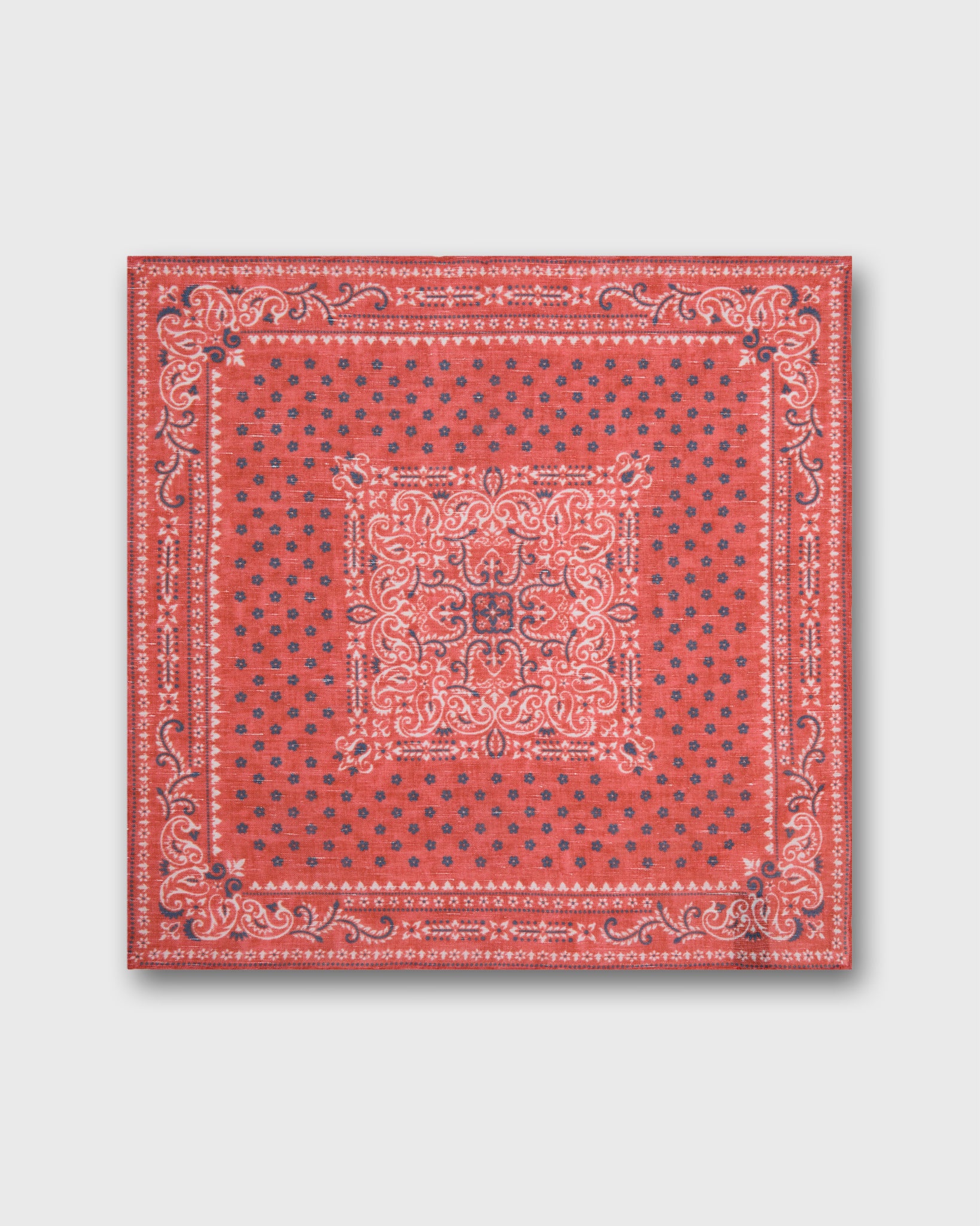 Linen/Cotton Print Pocket Square in Salmon/Navy Flower Paisley