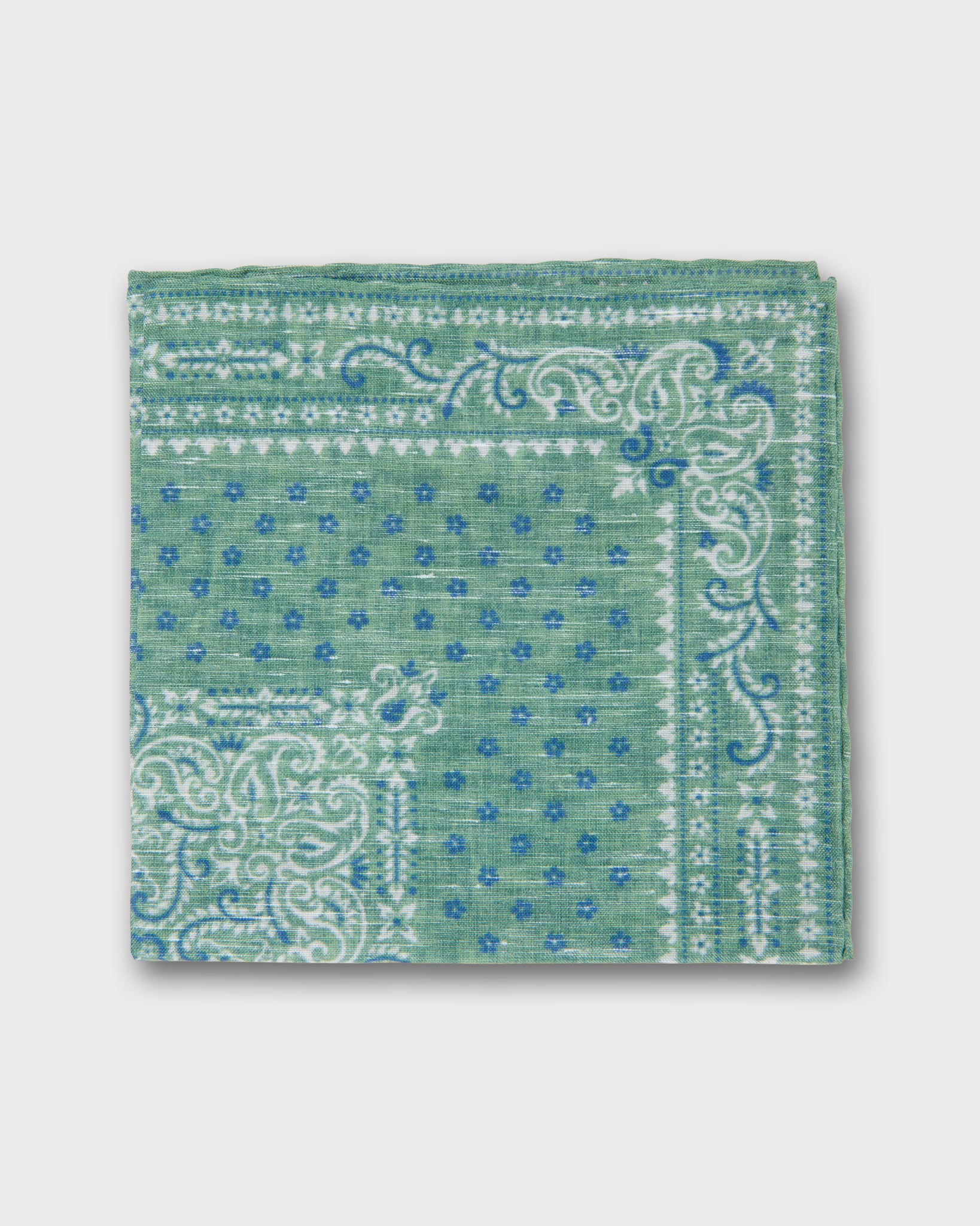 Linen/Cotton Print Pocket Square in Mint/Navy Flower Paisley