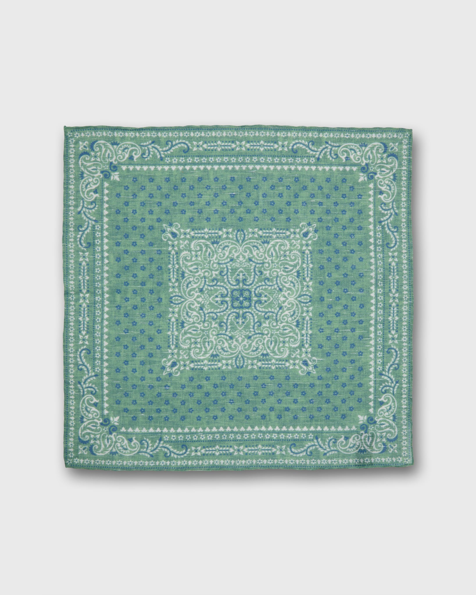 Linen/Cotton Print Pocket Square in Mint/Navy Flower Paisley