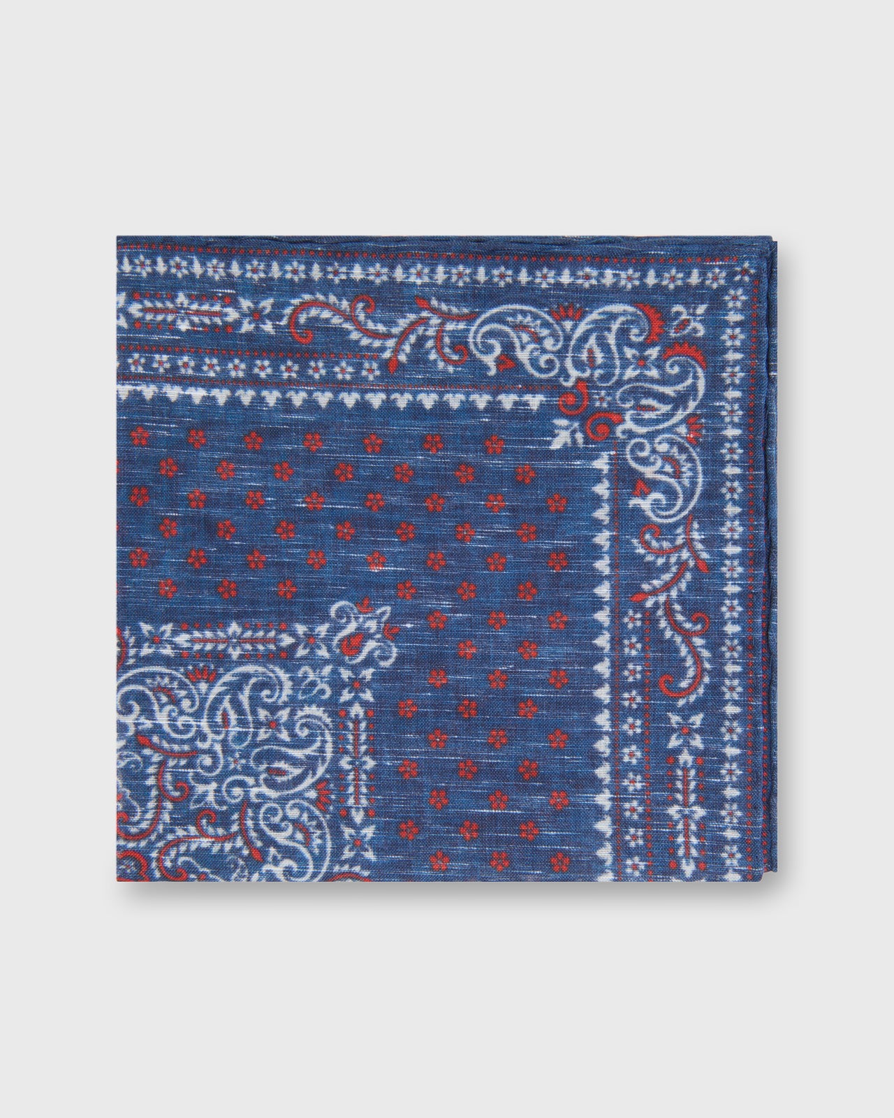 Linen/Cotton Print Pocket Square in Navy/Red Paisley