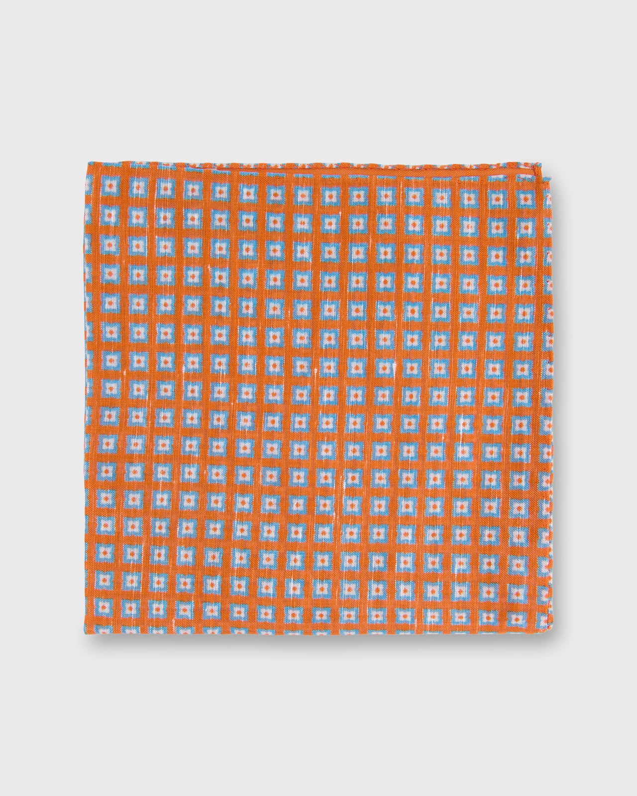 Hand-Rolled Linen/Cotton Print Pocket Square in Apricot/French Blue Foulard