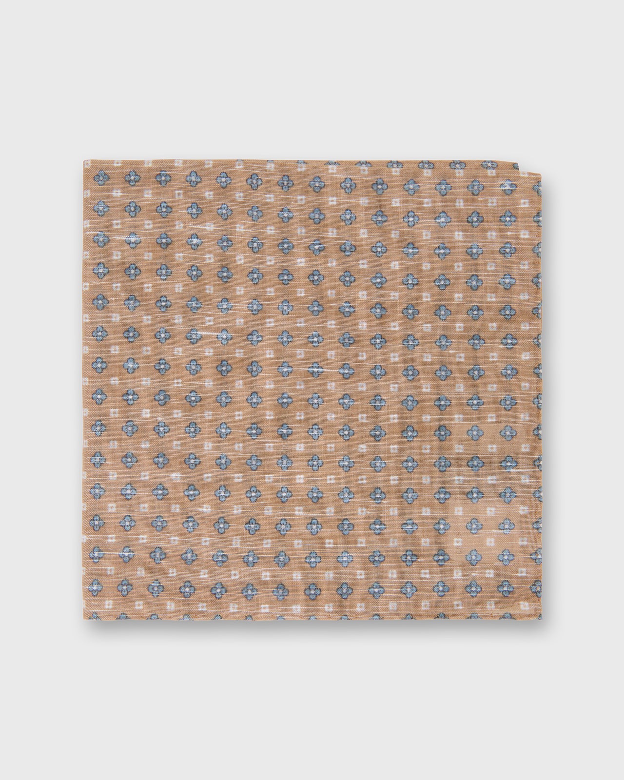 Hand-Rolled Linen/Cotton Print Pocket Square in Stone/Blue Flower