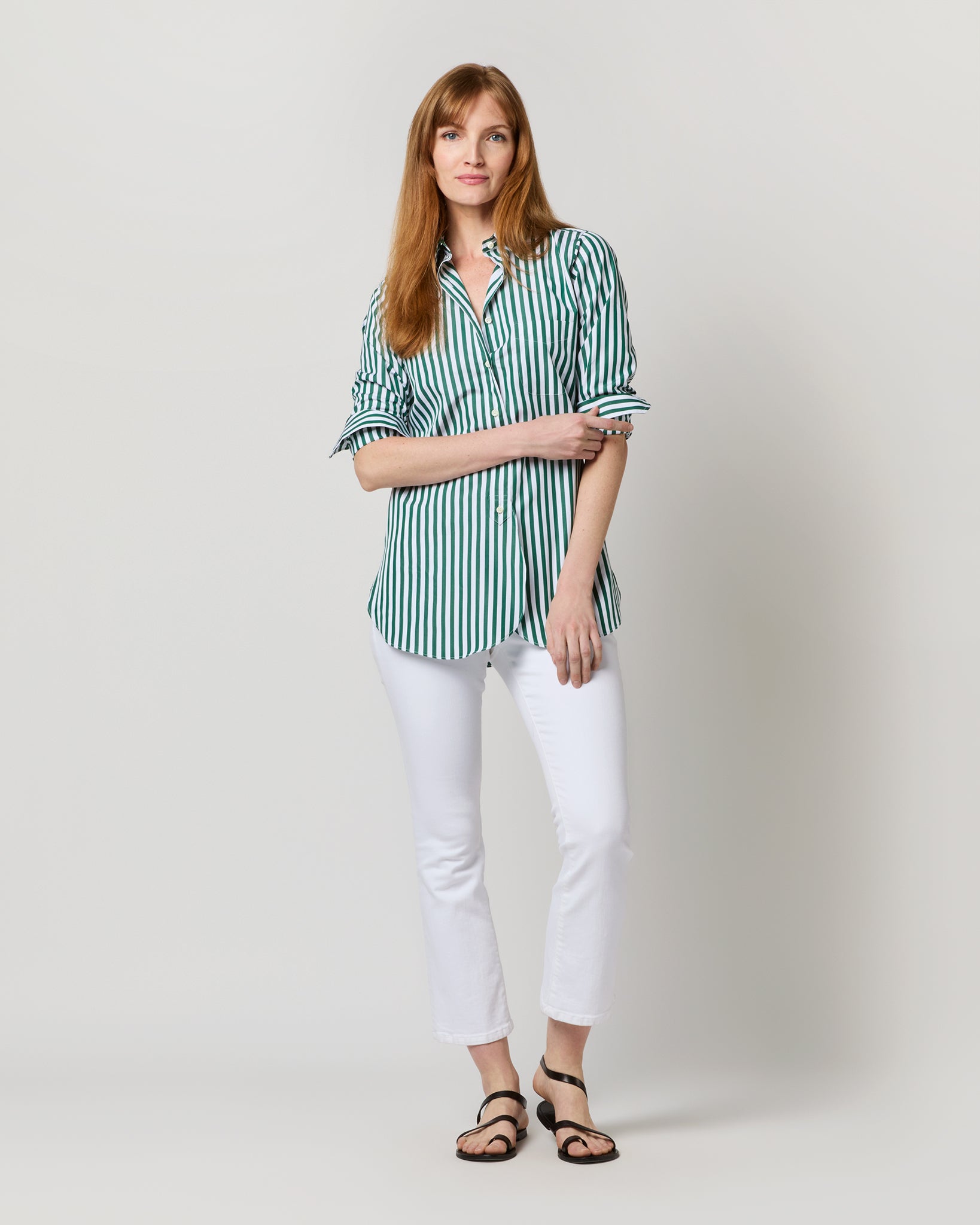 Boyfriend Shirt in Green Awning Stripe Poplin