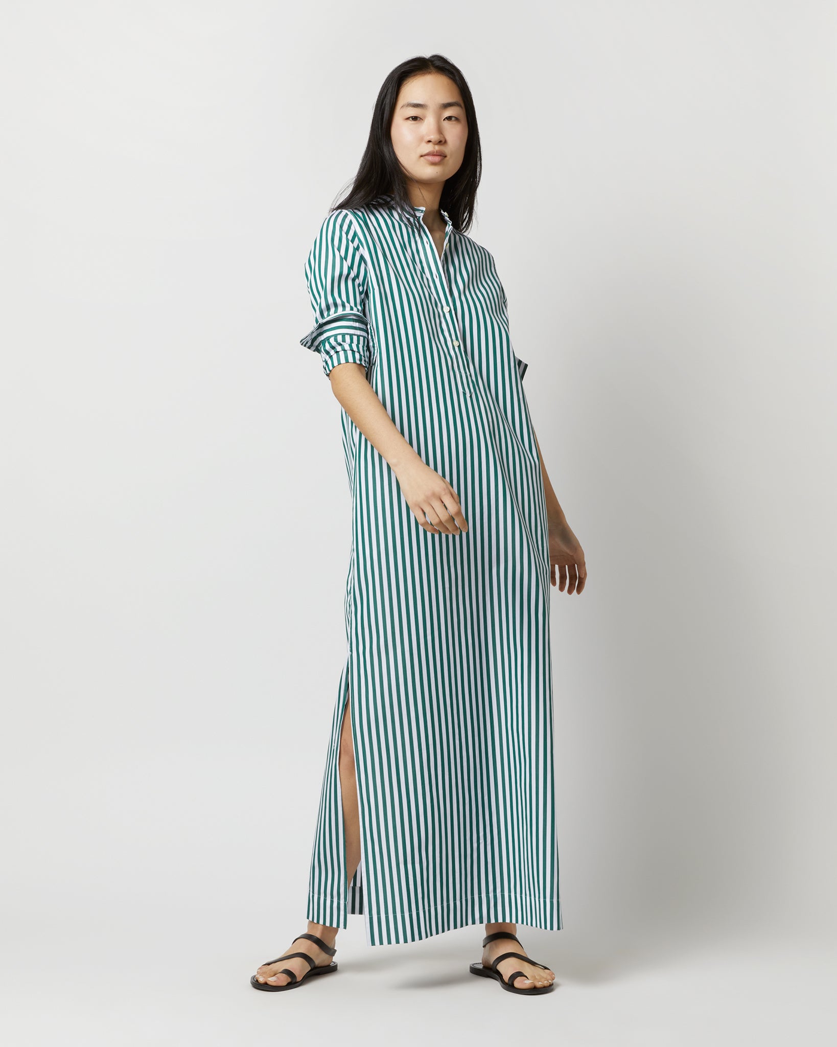 Mandarin Talitha Shirtdress in Green Awning Stripe Poplin