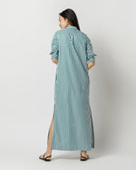 Load image into Gallery viewer, Mandarin Talitha Shirtdress in Green Awning Stripe Poplin
