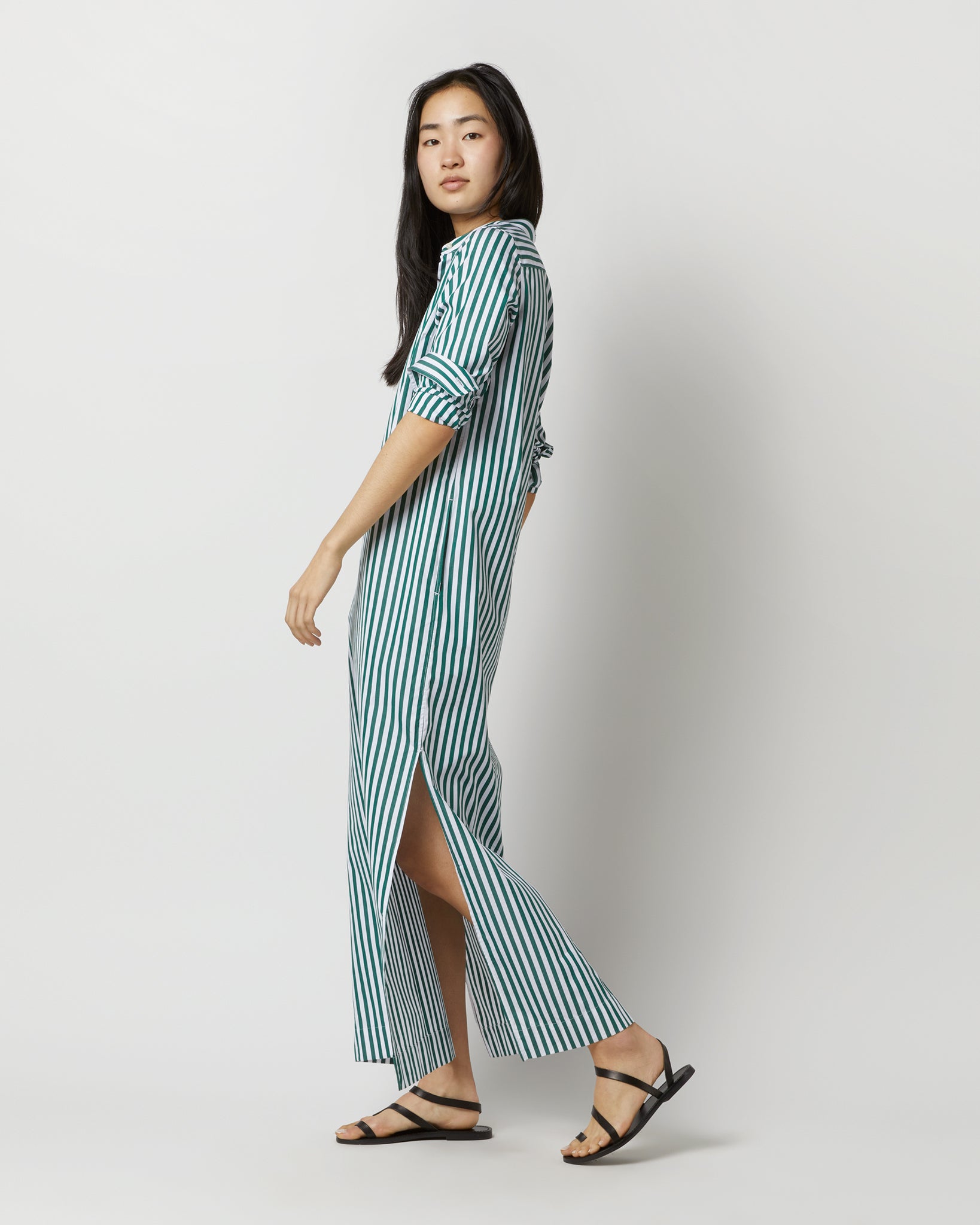 Mandarin Talitha Shirtdress in Green Awning Stripe Poplin