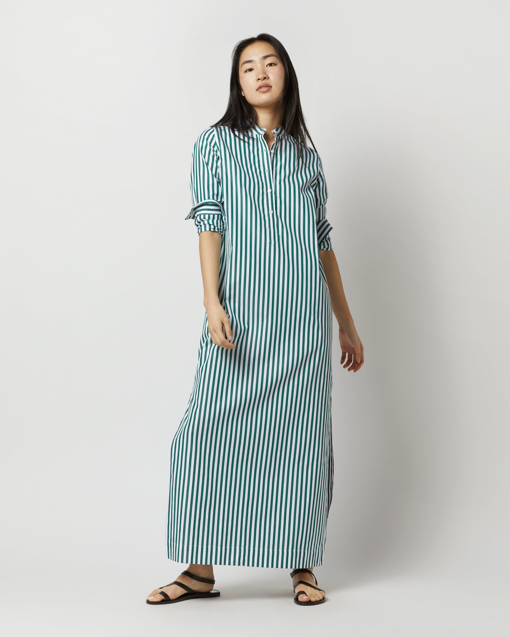 Mandarin Talitha Shirtdress in Green Awning Stripe Poplin