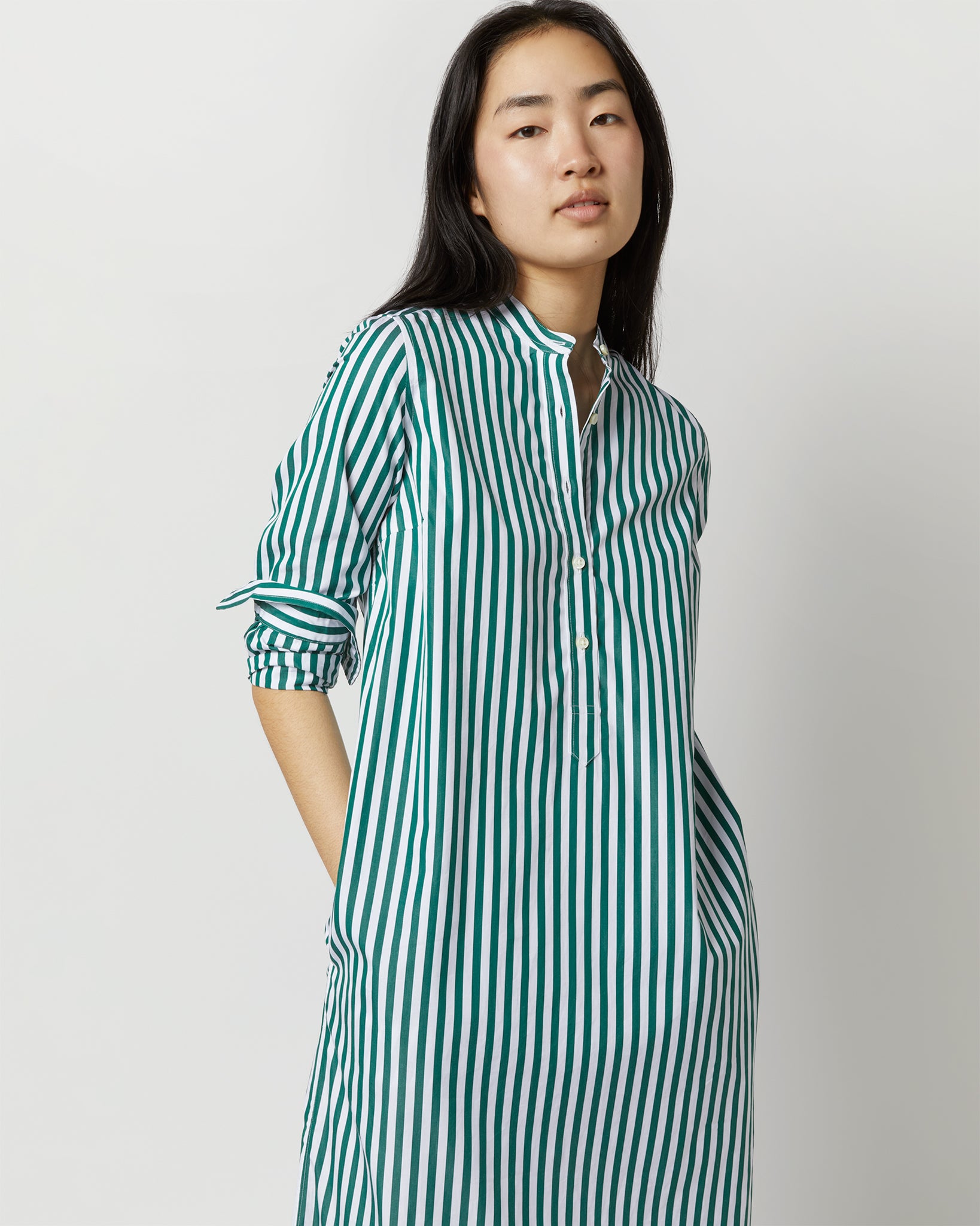 Mandarin Talitha Shirtdress in Green Awning Stripe Poplin