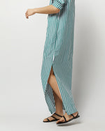 Load image into Gallery viewer, Mandarin Talitha Shirtdress in Green Awning Stripe Poplin
