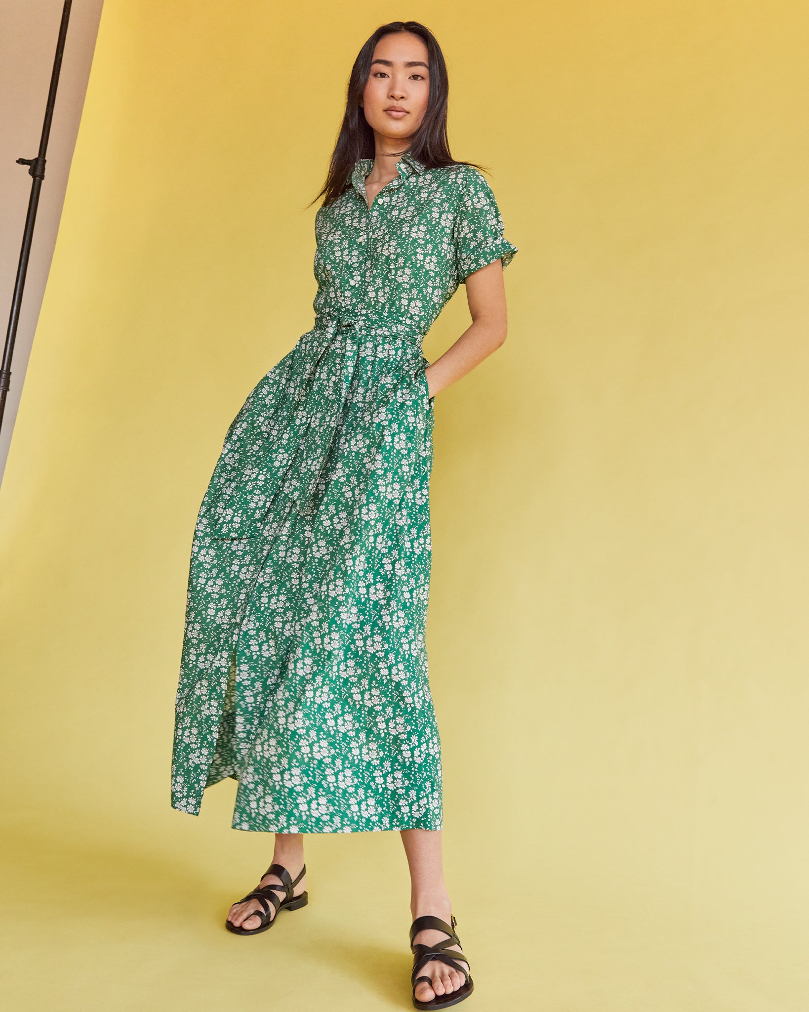 Short-Sleeved Classic Shirtwaist Maxi Dress in Green Capel Liberty Fabric