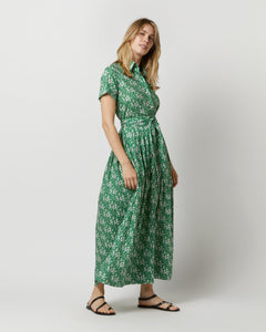 Short-Sleeved Classic Shirtwaist Maxi Dress in Green Capel Liberty Fabric