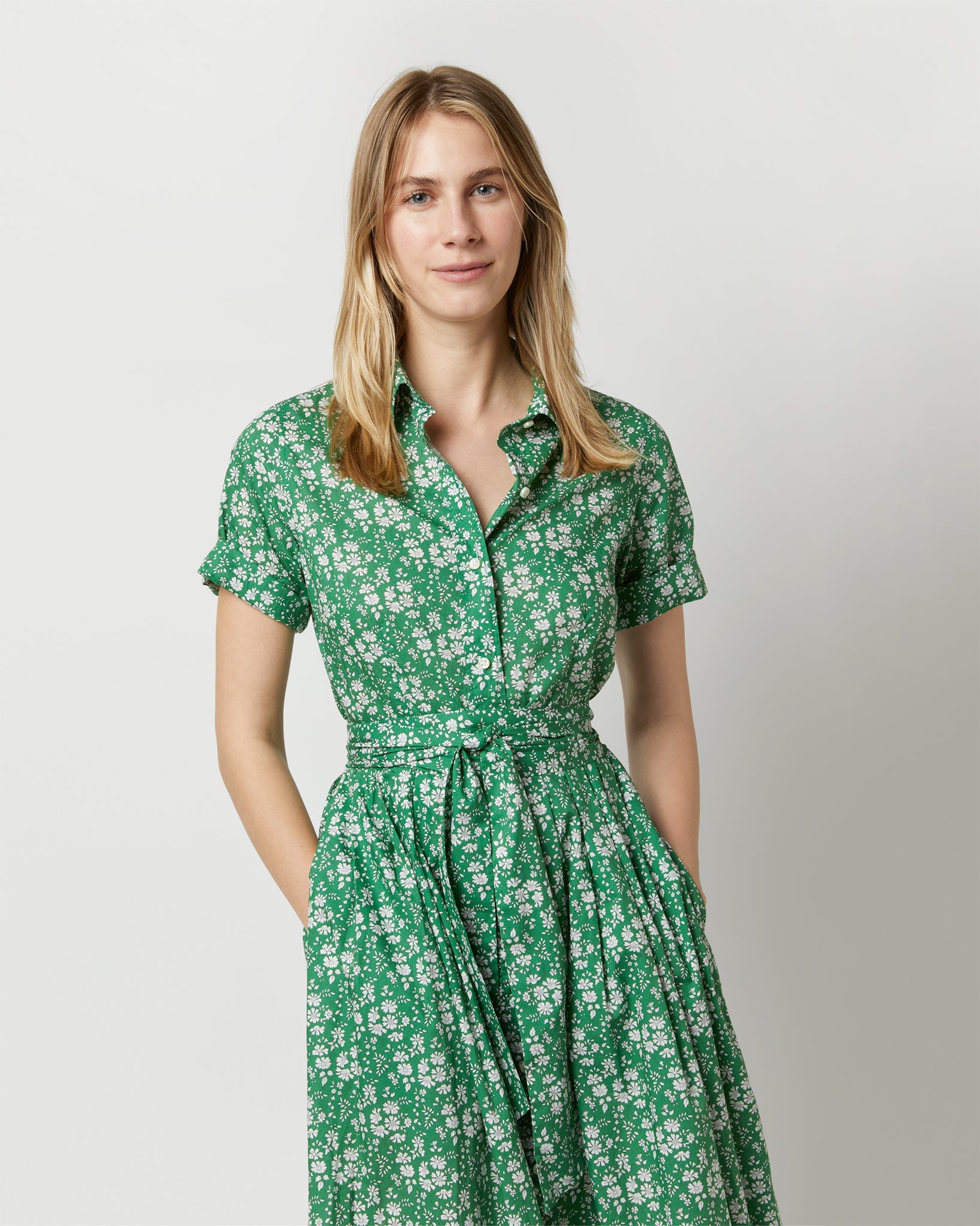 Short-Sleeved Classic Shirtwaist Maxi Dress in Green Capel Liberty Fab ...