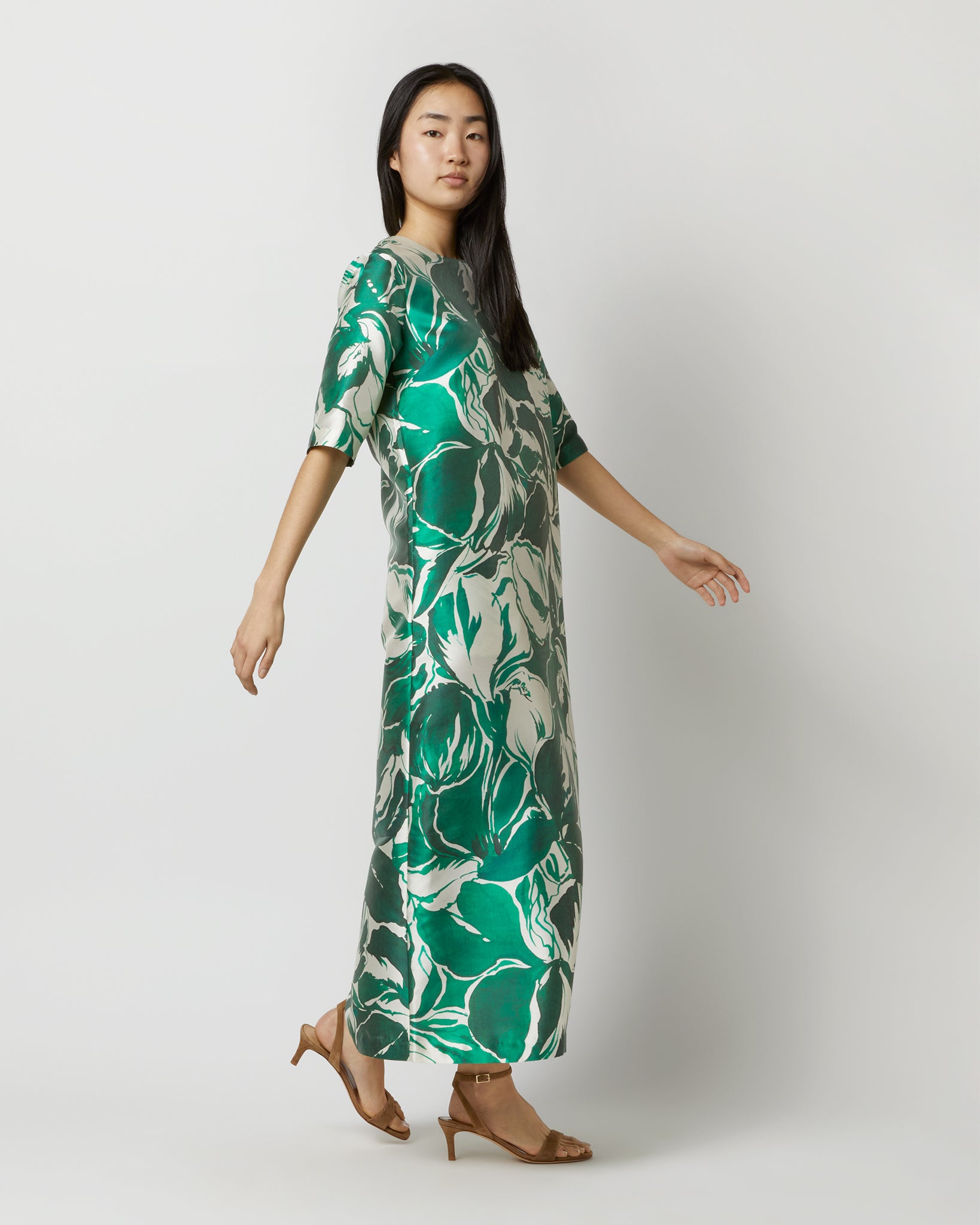 Paige Maxi Dress in Green Watercolor Leaf Mikado