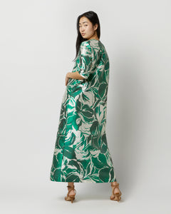 Paige Maxi Dress in Green Watercolor Leaf Mikado