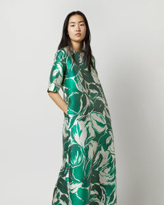 Paige Maxi Dress in Green Watercolor Leaf Mikado