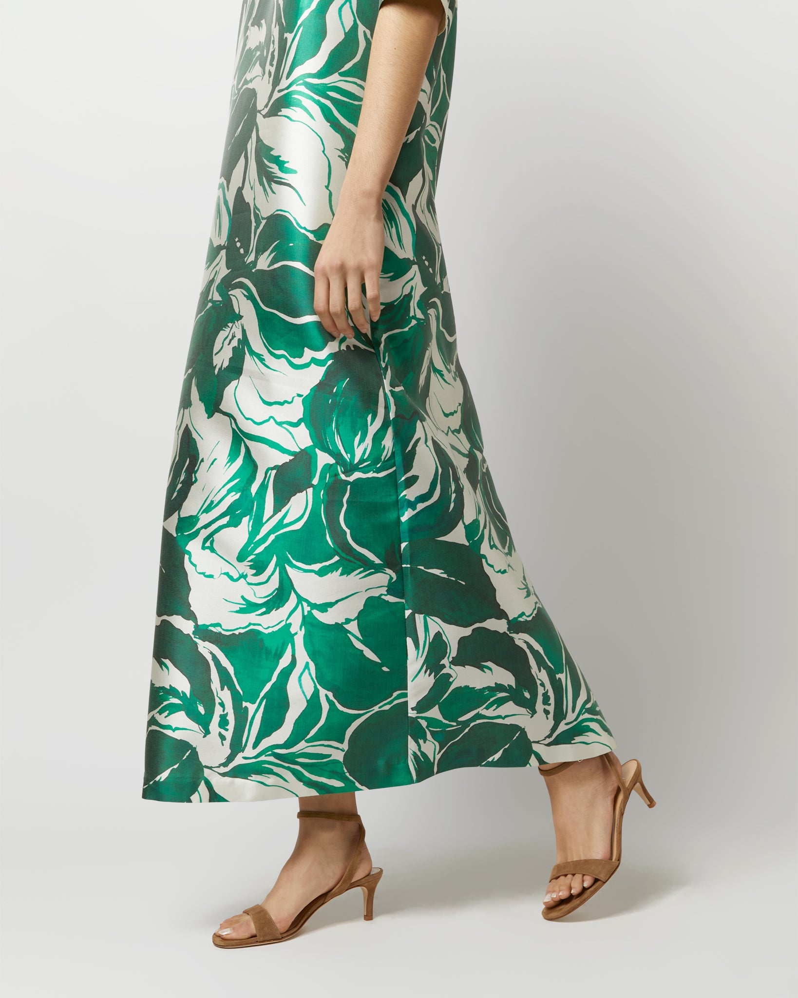 Paige Maxi Dress in Green Watercolor Leaf Mikado