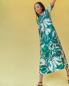 Paige Maxi Dress in Green Watercolor Leaf Mikado