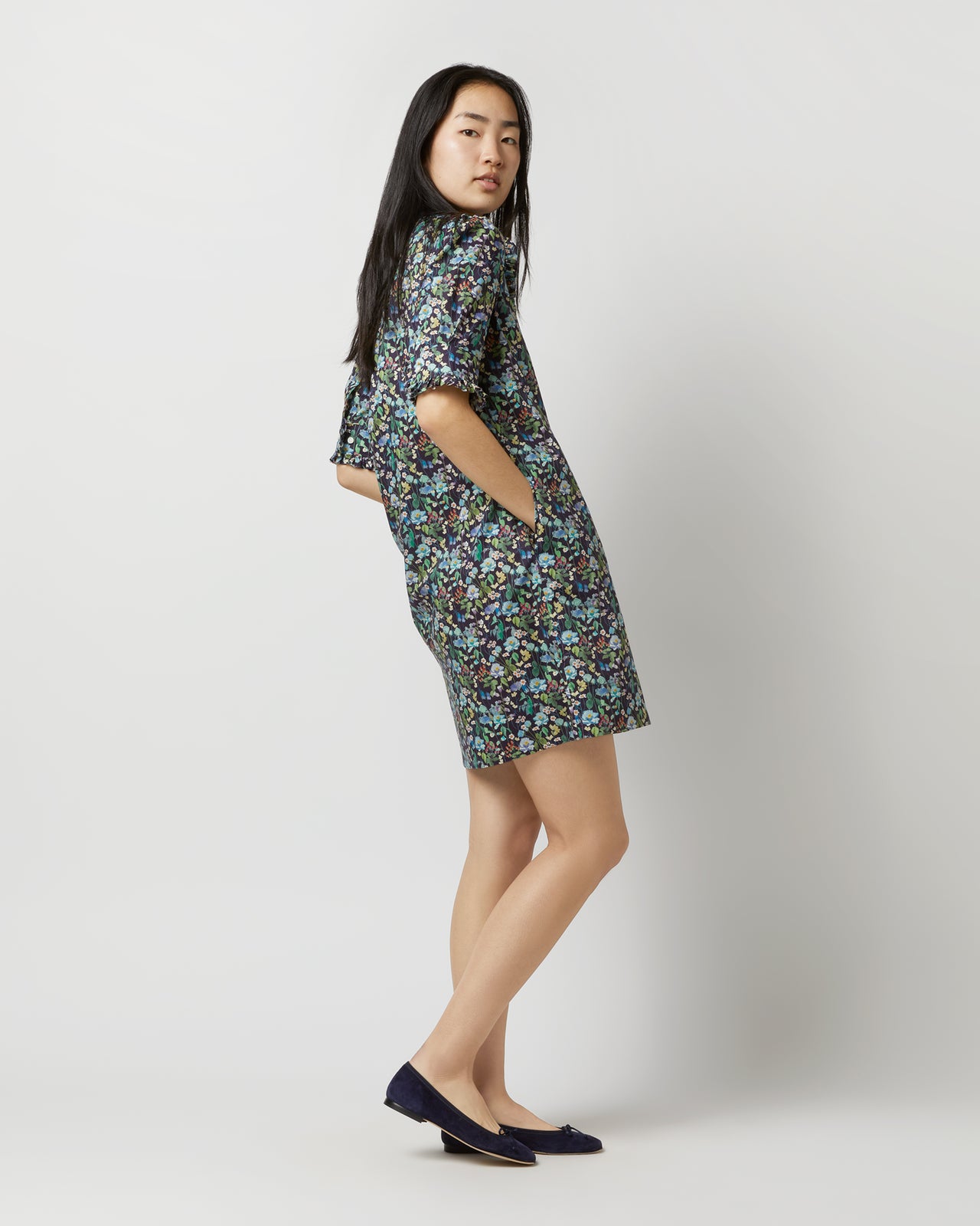 Elbow-Sleeved Frill Dress in Navy/Multi Fairytale Forest Liberty Fabric