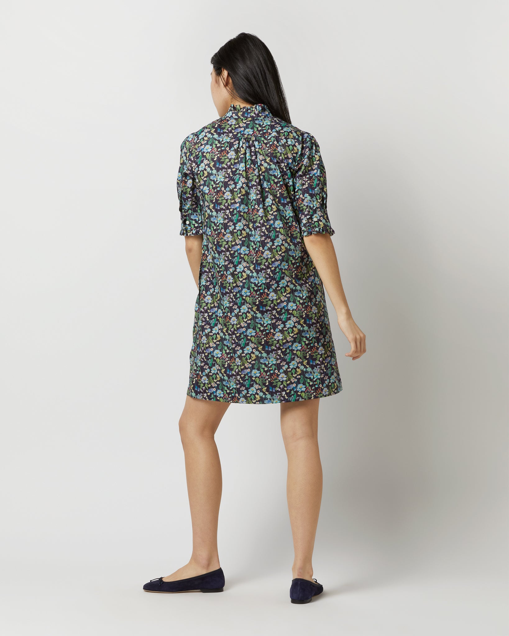 Elbow-Sleeved Frill Dress in Navy/Multi Fairytale Forest Liberty Fabric