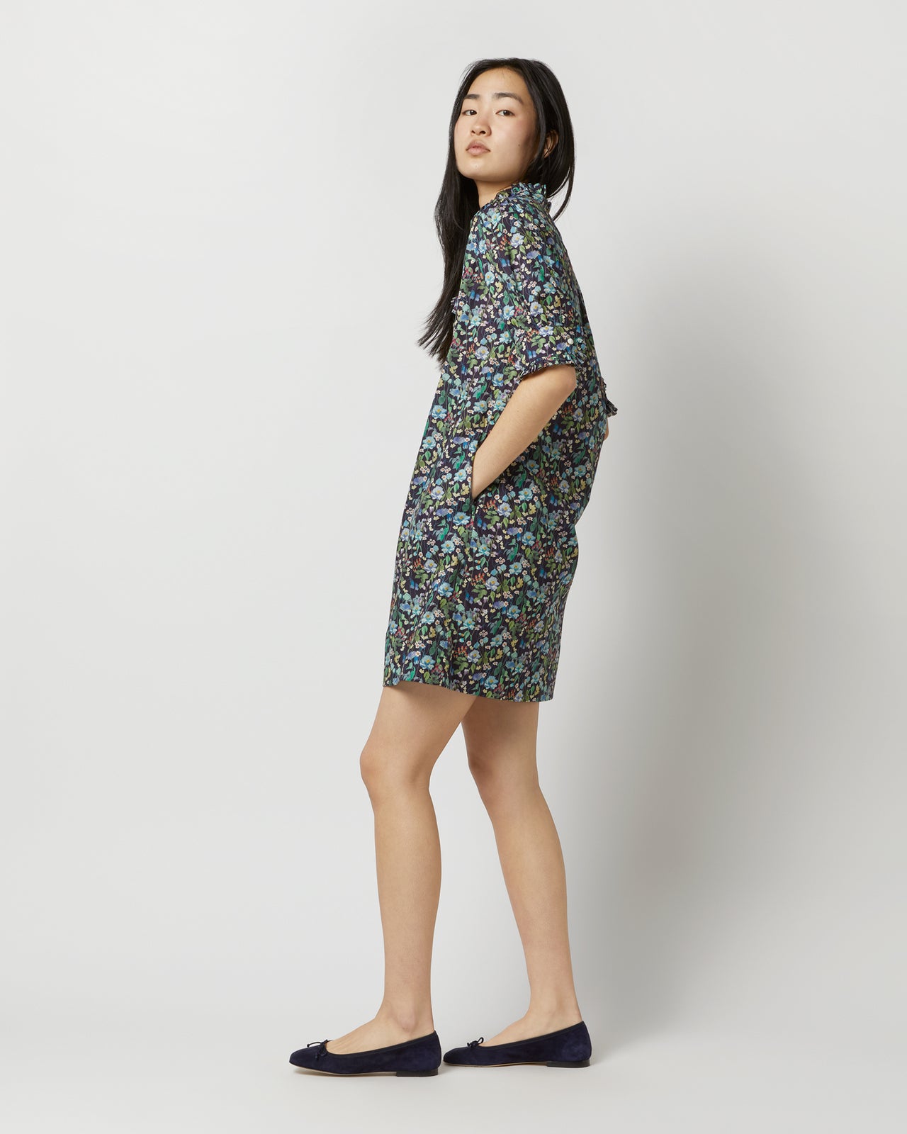 Elbow-Sleeved Frill Dress in Navy/Multi Fairytale Forest Liberty Fabric