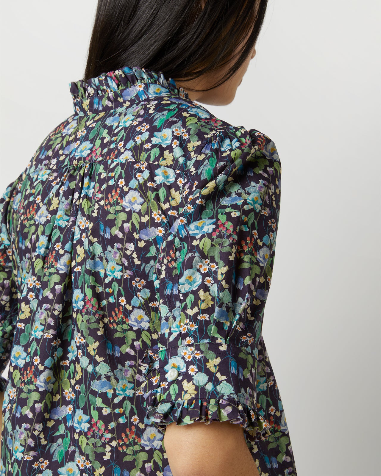 Elbow-Sleeved Frill Dress in Navy/Multi Fairytale Forest Liberty Fabric