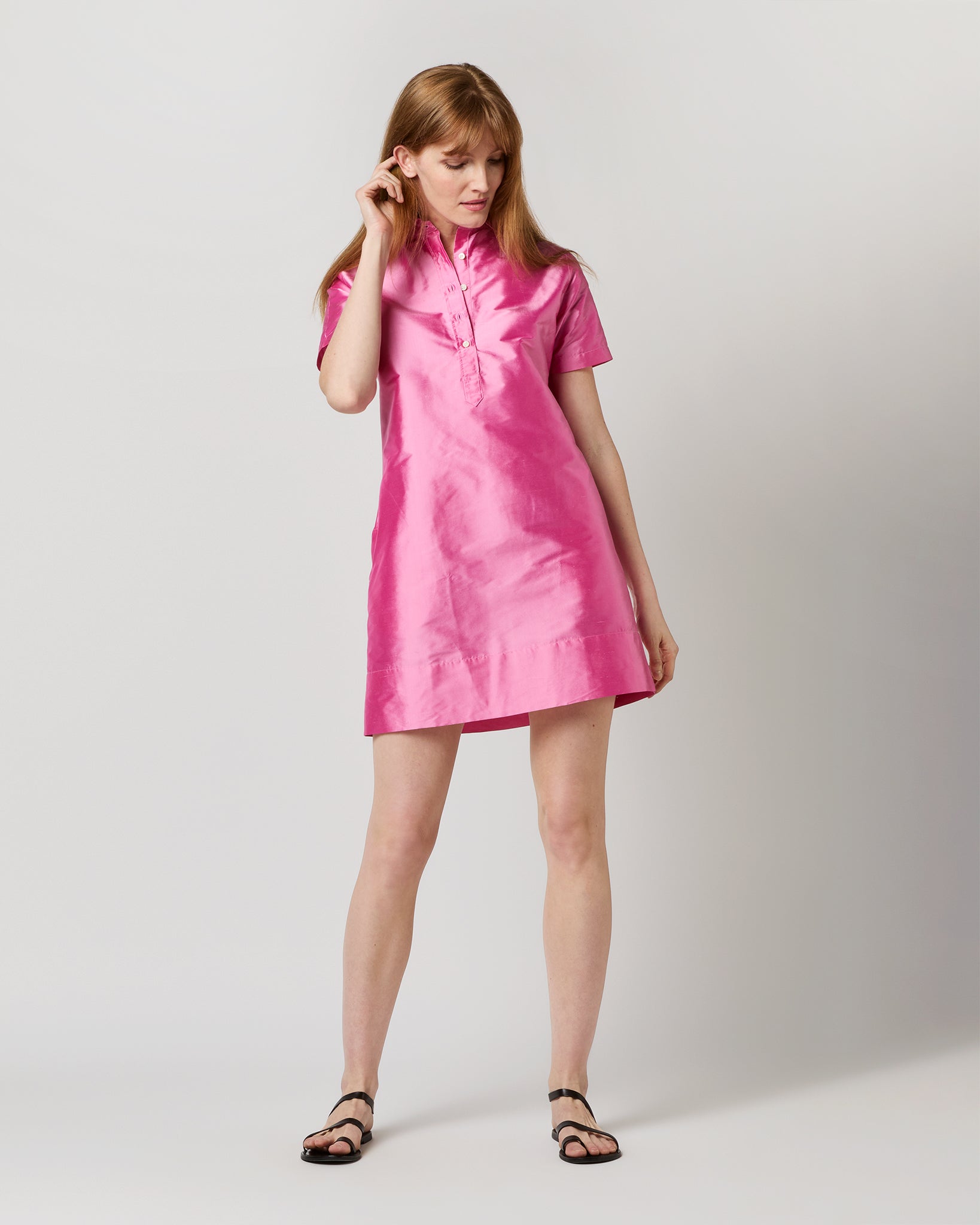 Short-Sleeved Popover Dress in Pink Silk Shantung