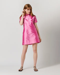 Short-Sleeved Popover Dress in Pink Silk Shantung