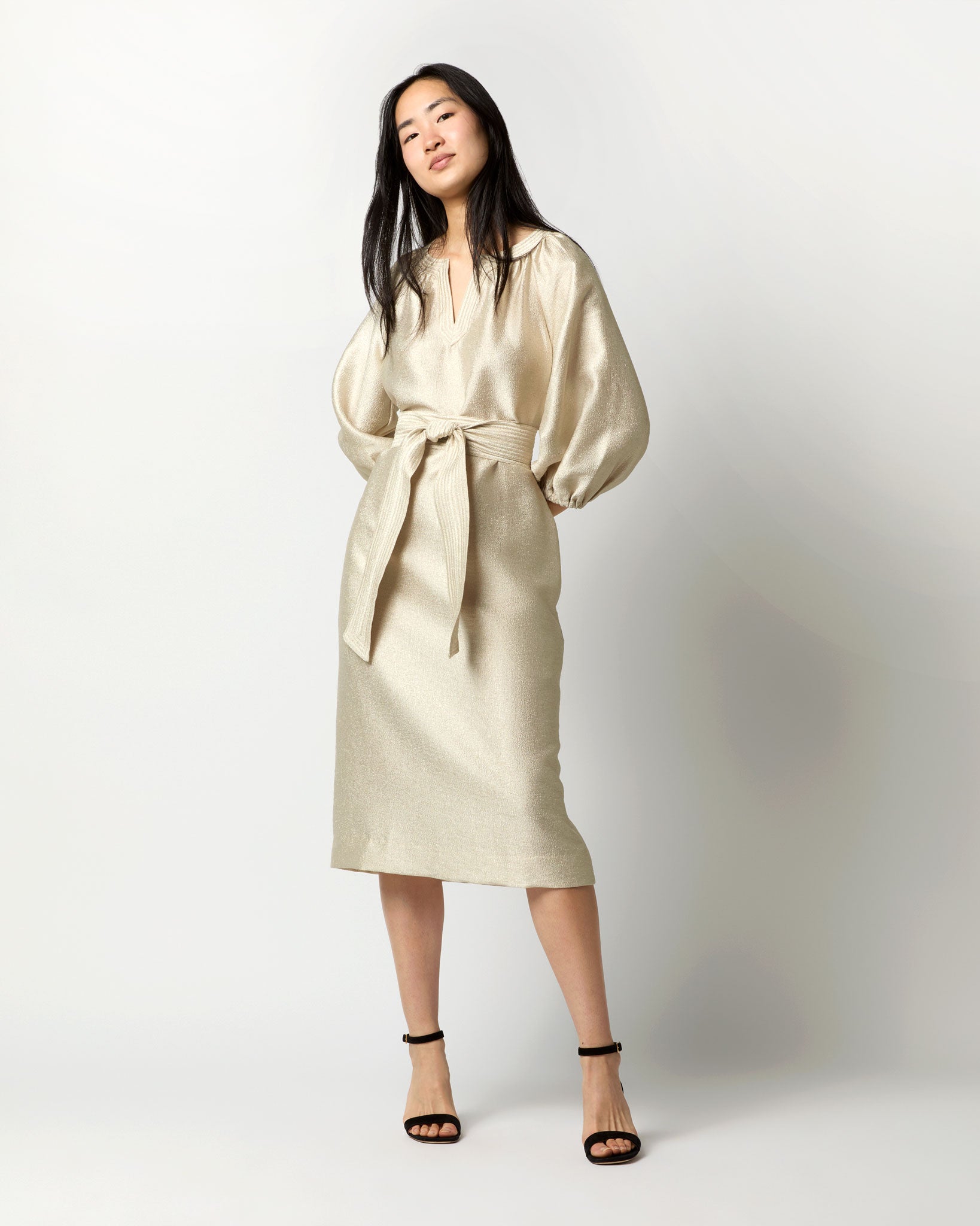 Trapunto Blouson Dress in Platino Crepe