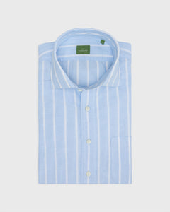 Spread Collar Sport Shirt in Sky/White Wide Stripe Cotolino